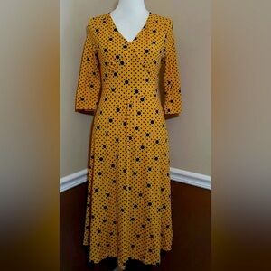 Mustard Yellow & Navy Polka Dots Midi Dress 3/4 Sleeves Frock Shop ModCloth